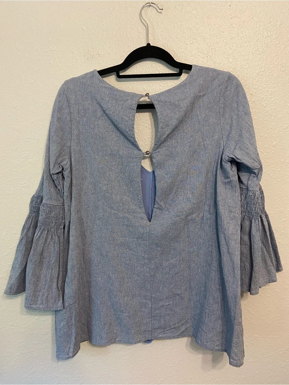 Free People Blue Chambray Keyhole Back Flared Sleeve Mini Dress Romper Size XS